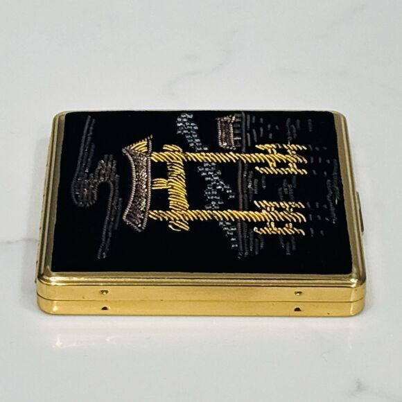 Vintage Compact Mirror Japan Black Velvet Beaded Gold Tone New Light - Picture 10 of 16